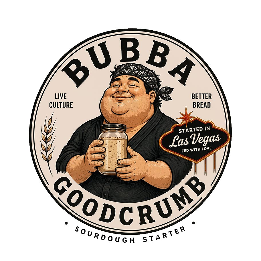 Bubba Goodcrumb company logo, featuring Bubba holding a sourdough starter jar